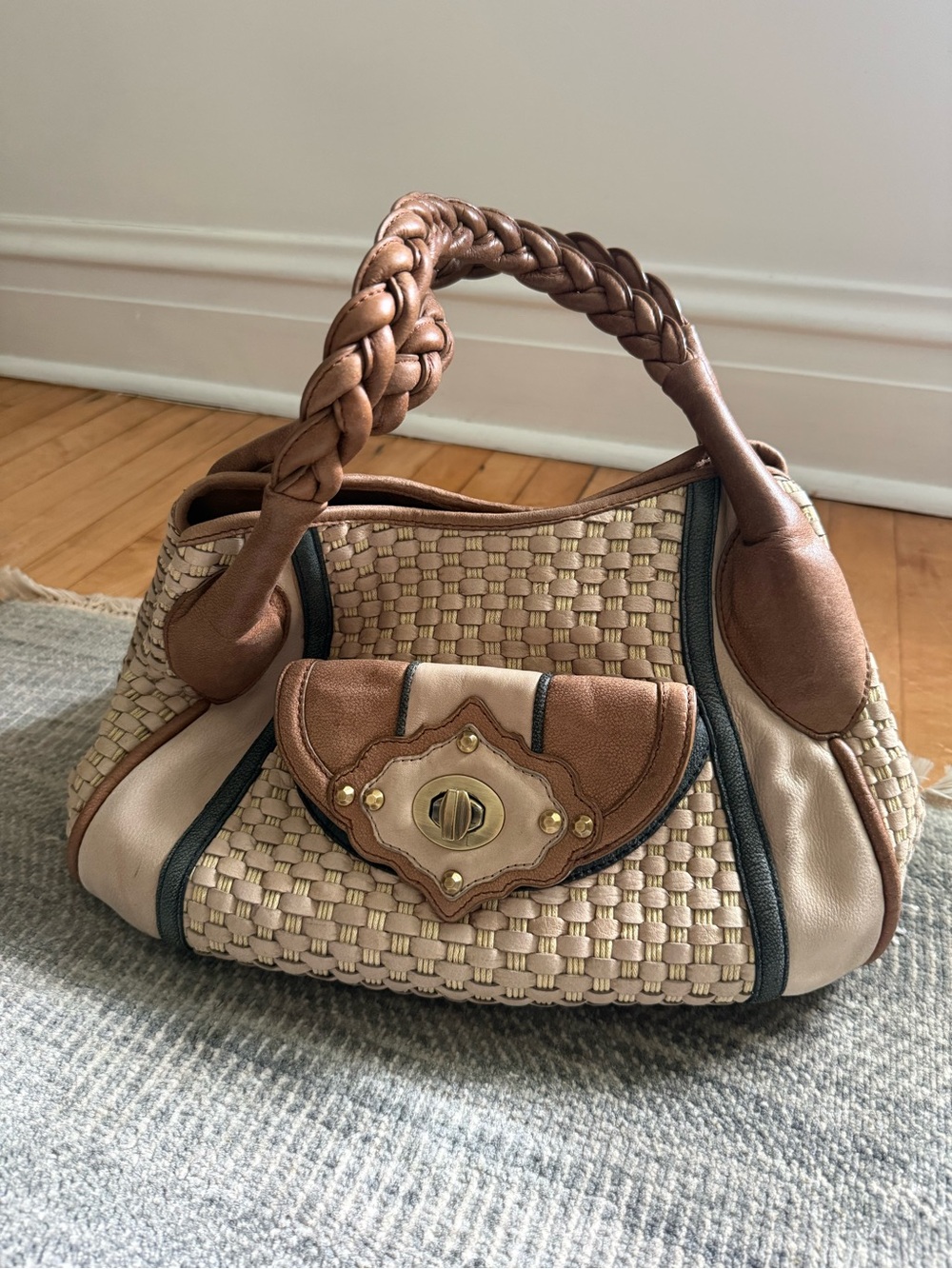 Isabella Fiore- Braided shoulder straps, Beige and Brown Woven Shoulder Bag